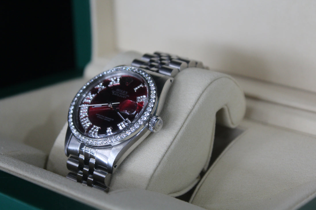 ROLEX Datejust 36mm Red Dial, Diamond Bezel