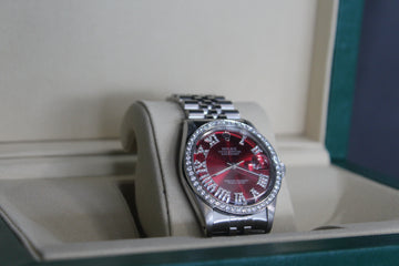ROLEX Datejust 36mm Red Dial, Diamond Bezel